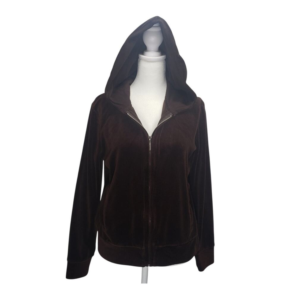 Jones New York Sport Expresso Brown Velour Zip Up Jacket Hooded M Y2K Vintage